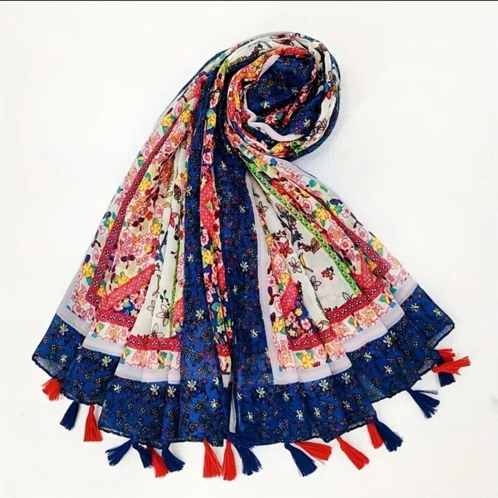 Blue trim Floral tassel Scarf, shawl cover up